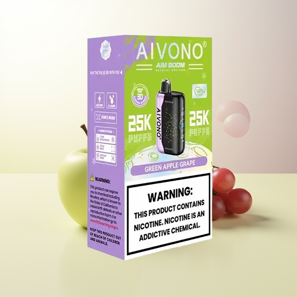 Aivono Aim Boom 25000 Puffs Grönt Äpple Druva 0 2 3 5 Nikotin 28ml E-Liquid 650mAh Batteri 12 ohm Mesh Coil Typ-C Laddning 90g Vikt