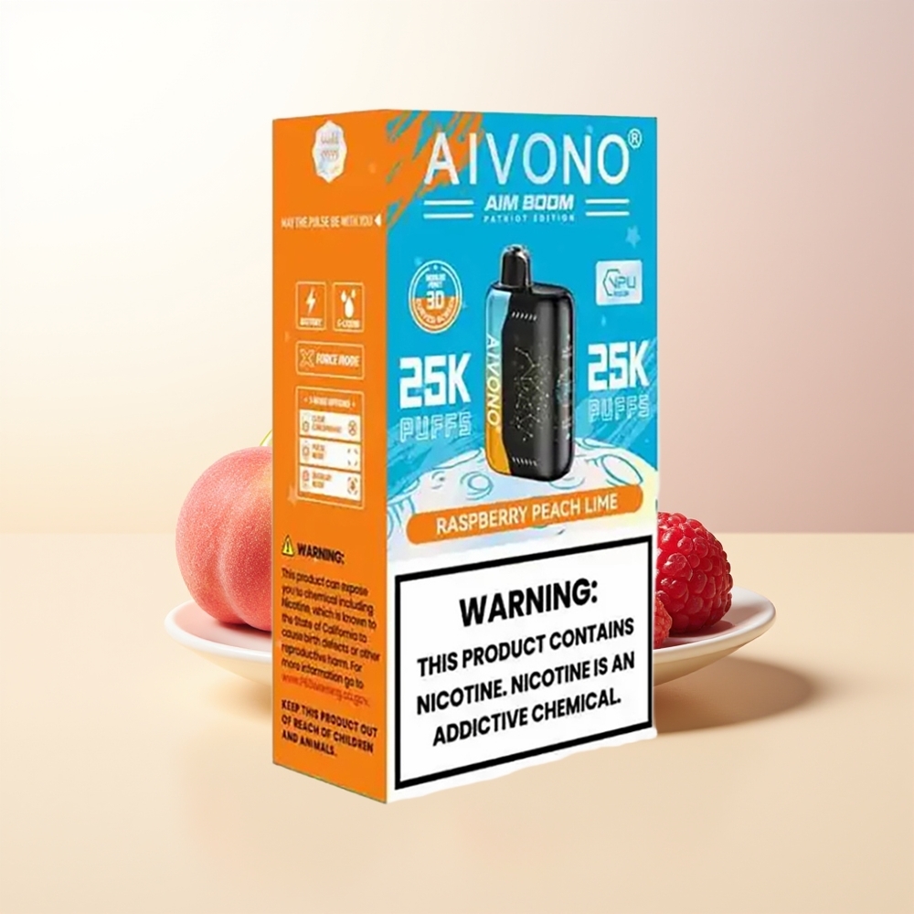 Aivono Aim Boom 25000 Puffs Hallon Persika Lime 0 2 3 5 Nikotin 28ml E-Vätska 650mAh Batteri 12 ohm Mesh Coil Type-C Laddning 90g Vikt