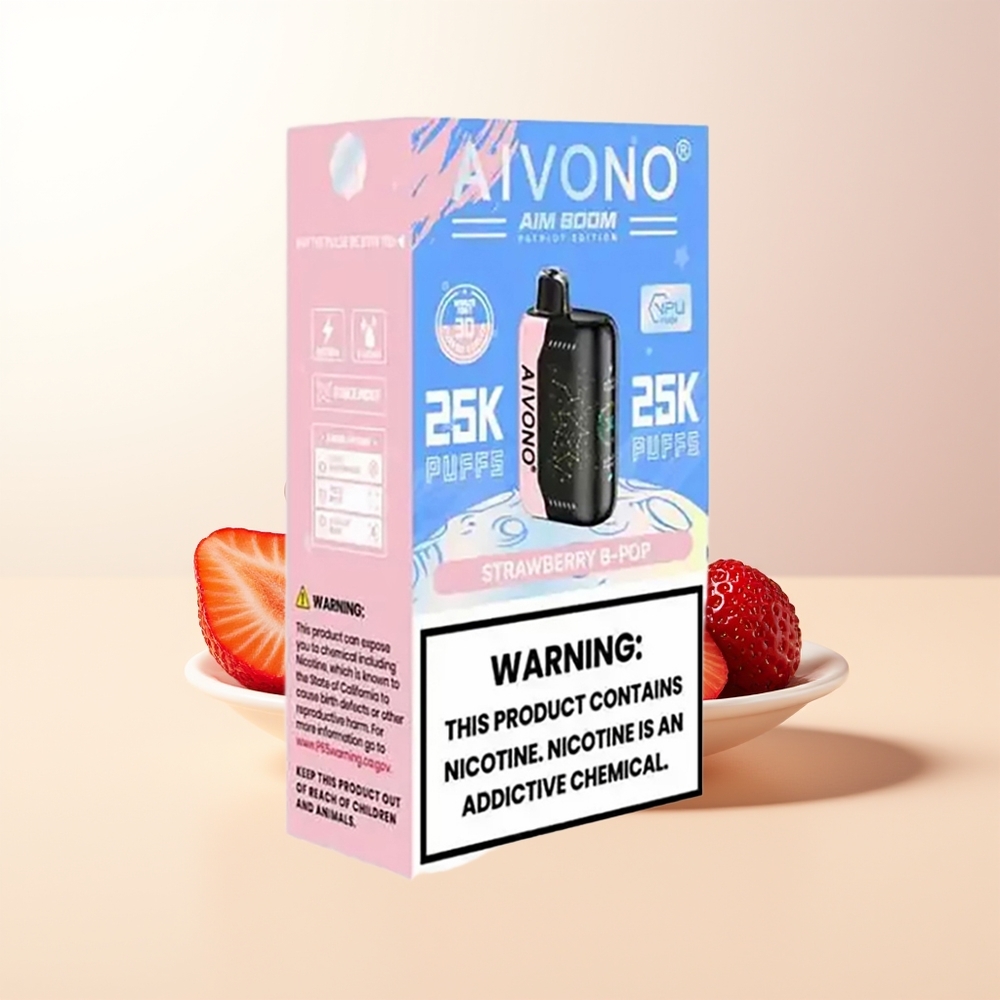 Aivono Aim Boom 25000 Puffs Jordgubb B Pop 0-5 Nikotin 28ml E-Vätska 650mAh Batteri 12 ohm Mesh Coil Type-C Laddning 90g Enkelvikt