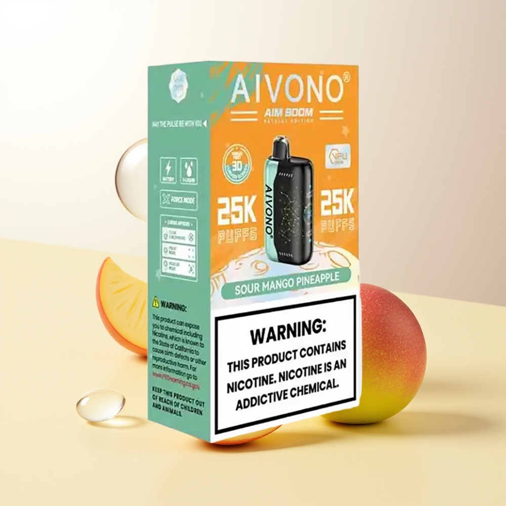 Aivono Aim Boom 25000 Puffs Surt Mango Ananas 0 2 3 5 Nikotin 28ml 650mAh 12 ohm Mesh Coil Type-C Laddning 90g