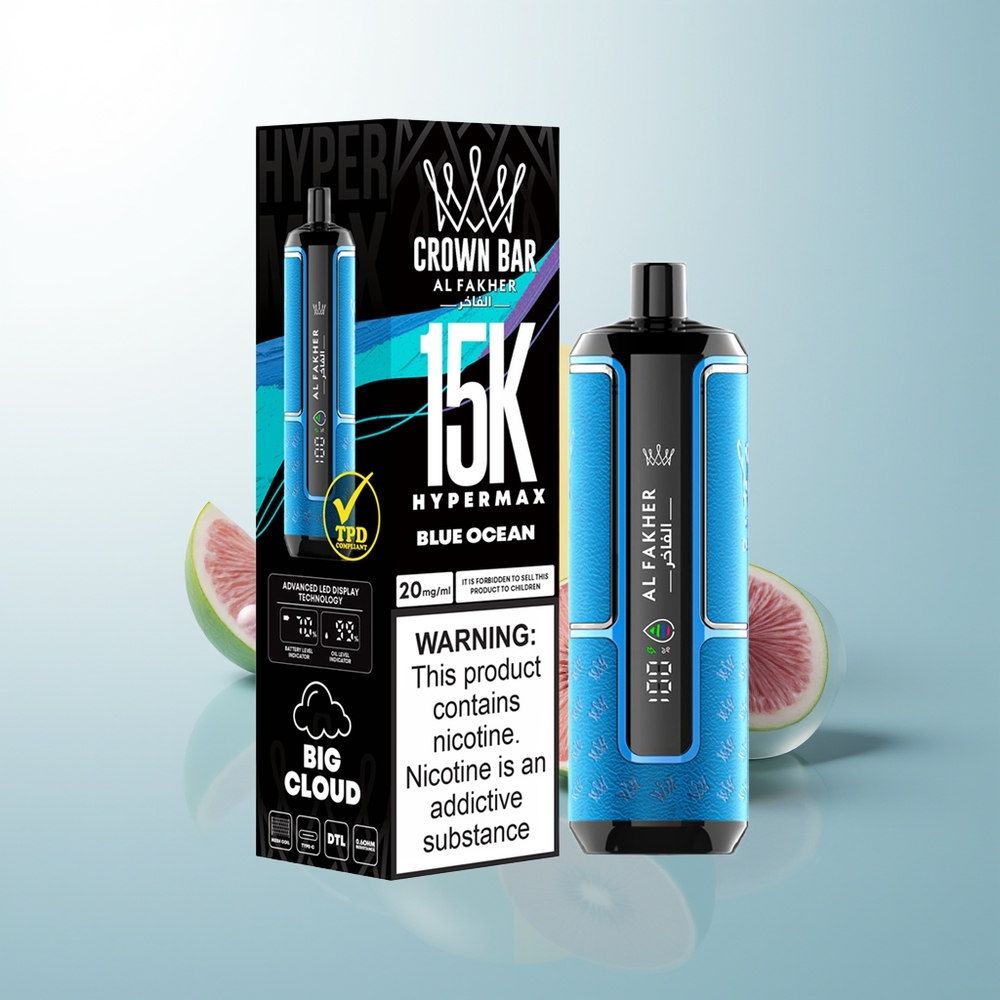 Al Fakher Crown Bar 15K Blå Hav Hypermax Engångs Vape Kit 22ml 600mAh Typ-C Port DTL 6mg/ml
