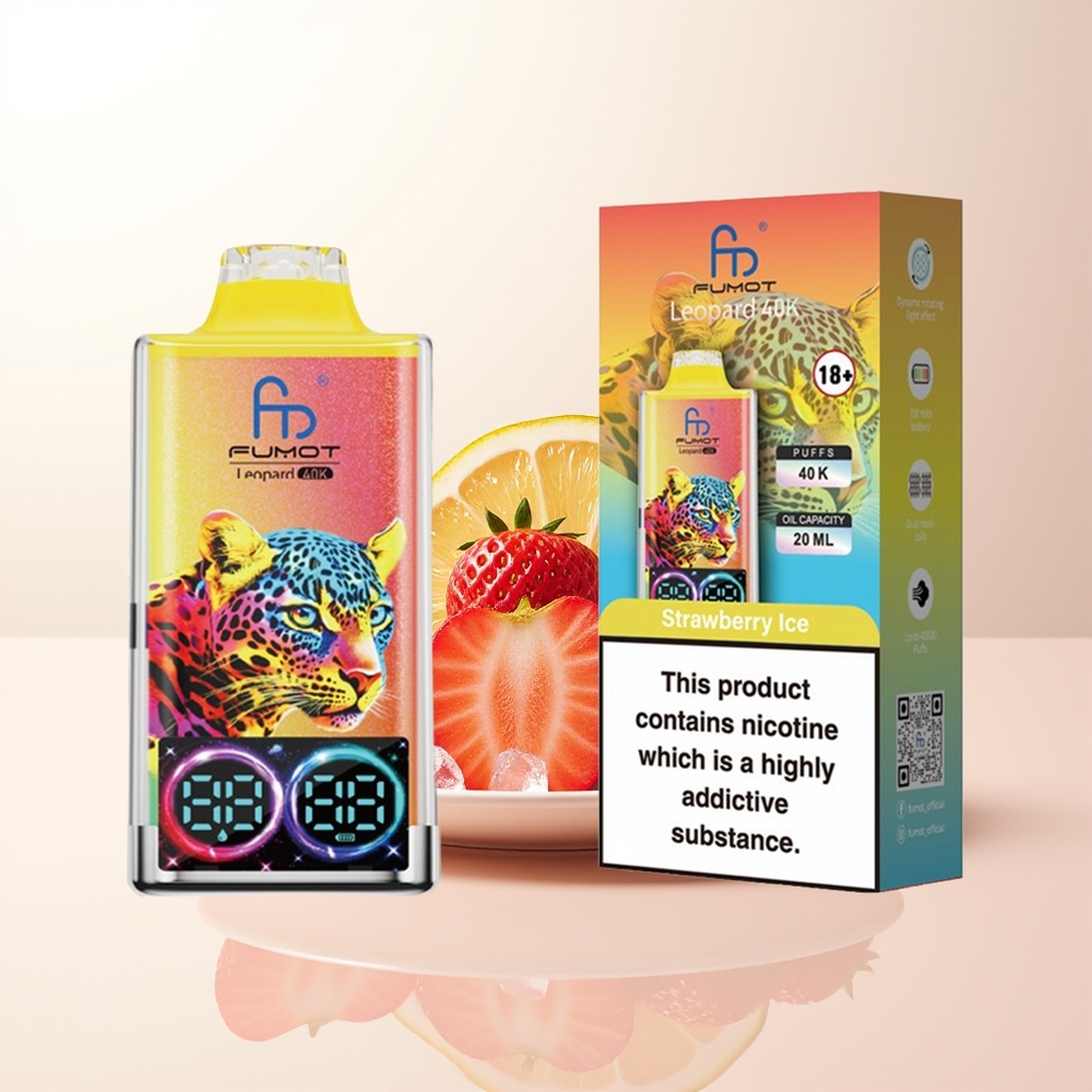 Fumot Leopard 40K Puffs Jordgubb Is 0-5 Nikotin 700mAh Dual Mesh Type-C Digital Display