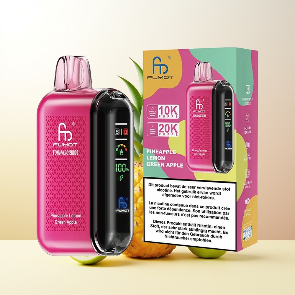 Fumot Tornado 20000 Puffs Ananas Citron Grönt Äpple Dual Mesh Coil Smart Display Airflow Control