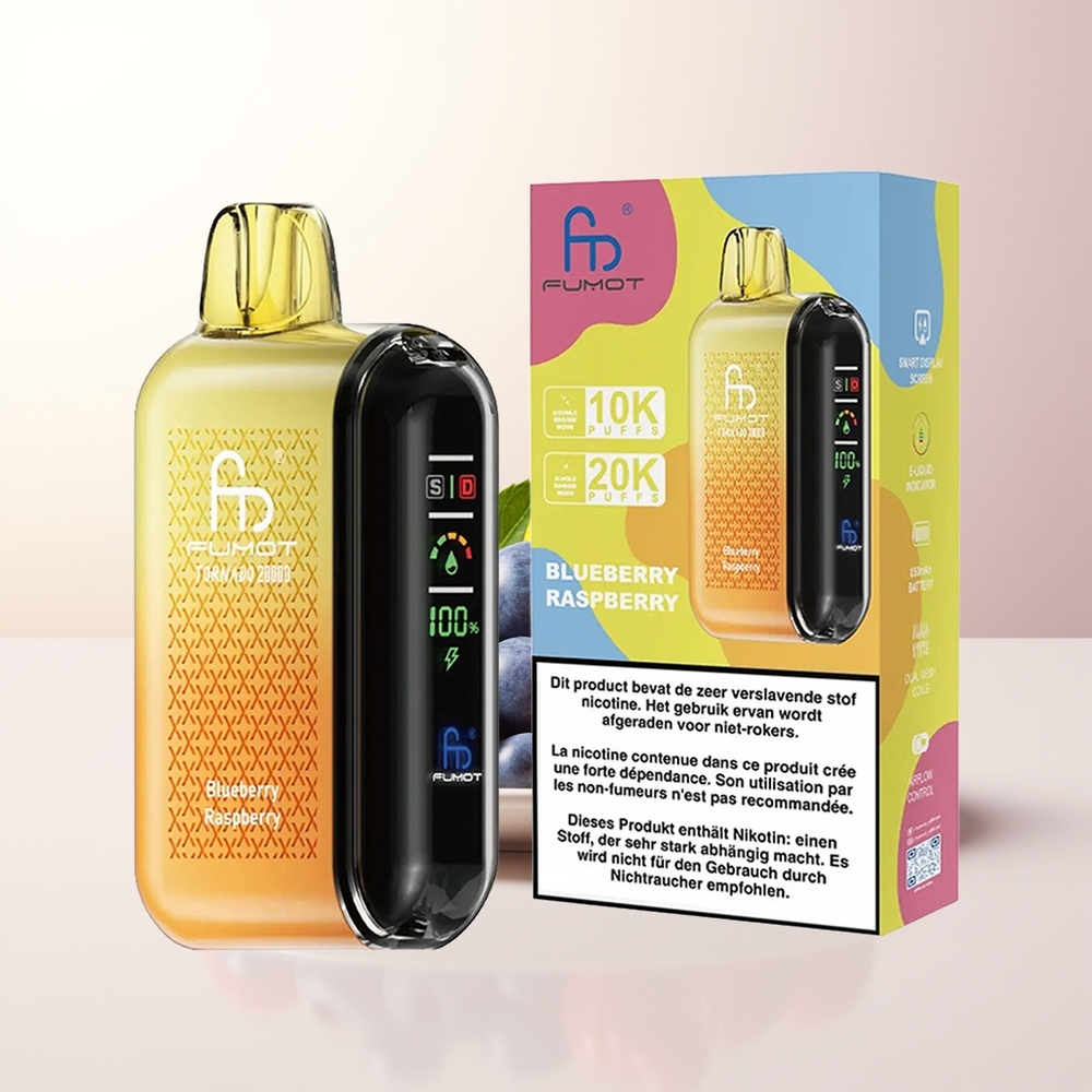 Fumot Tornado 20000 Puffs Blåbär Hallon Dual Mesh Coil Smart Display Luftflödeskontroll