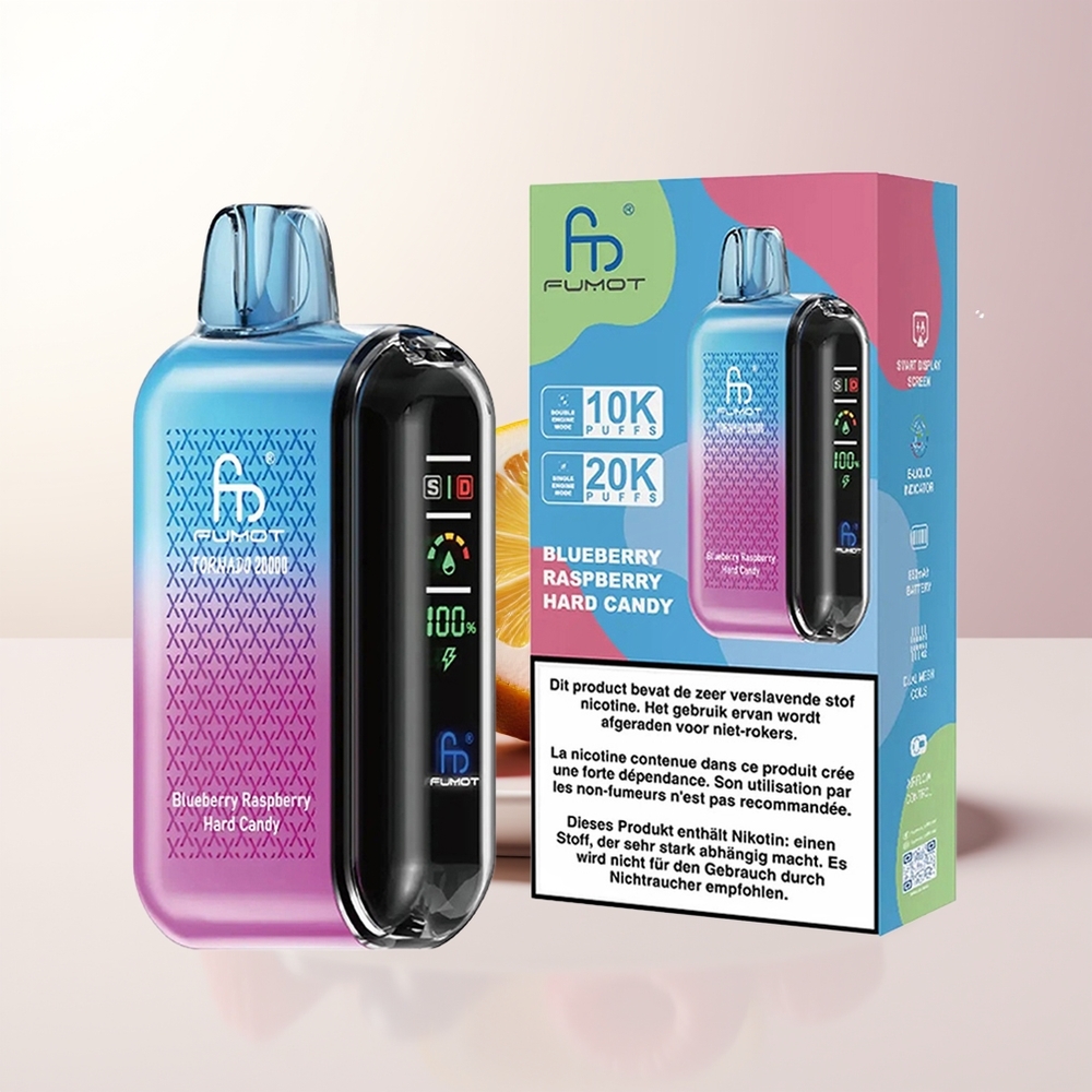 Fumot Tornado 20000 Puffs Blåbär Hallon Hårdgodis Dual Mesh Coil Smart Display Airflow Control