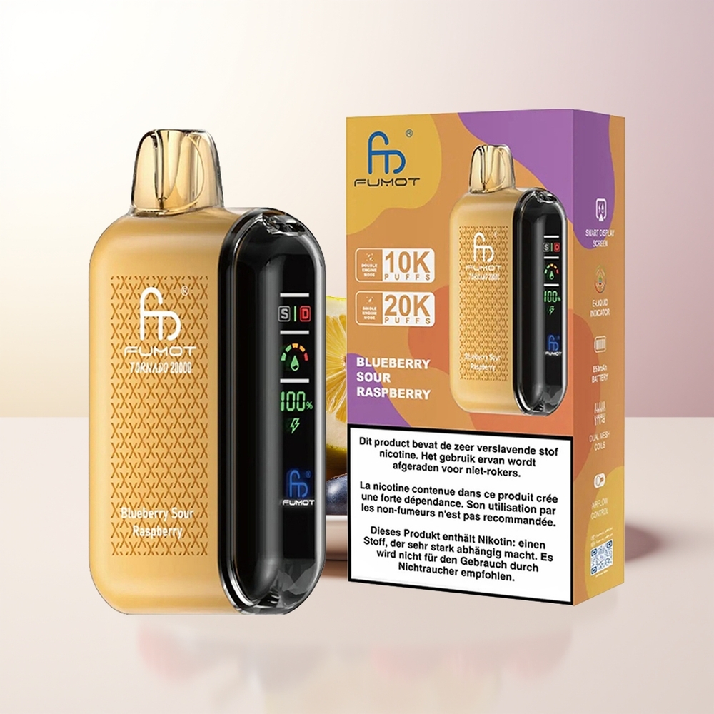 Fumot Tornado 20000 Puffs Blåbär Sur Hallon Dual Mesh Coil Smart Display Airflow Control