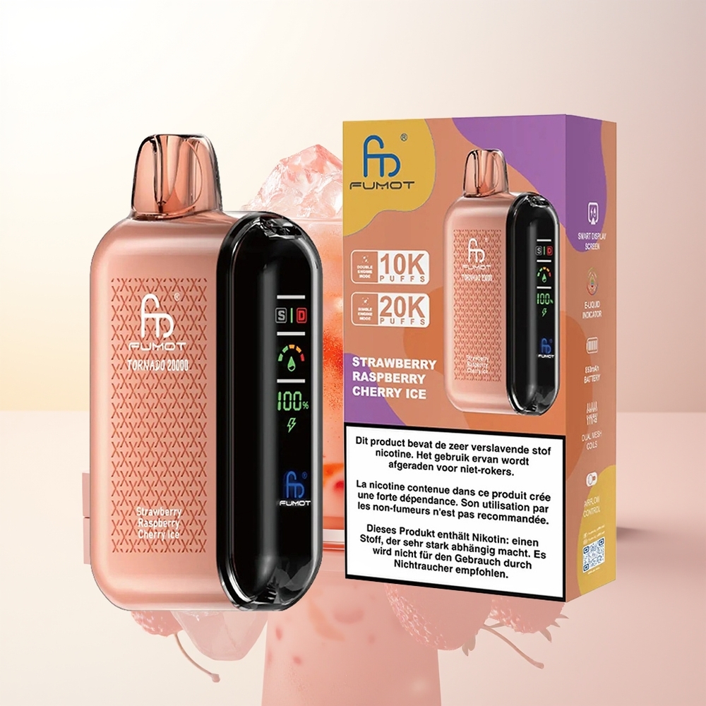 Fumot Tornado 20000 Puffs Jordgubb Hallon Körsbär Is Dual Mesh Coil 20ml 850mAh Smart Display Airflow Control 2 Nicotine Single Engine Mode