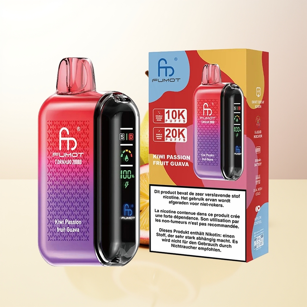 Fumot Tornado 20000 Puffs Kiwi Passionsfrukt Guava Dual Mesh Coil Smart Display Luftflödeskontroll