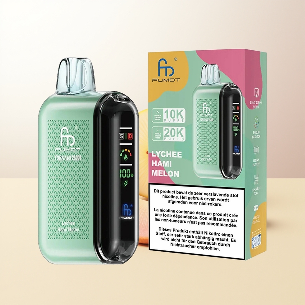Fumot Tornado 20000 Puffs Lychee Hami Melon Dual Mesh Coil 20ml 850mAh Smart Display Airflow Control 2 Nicotine Single Engine Mode