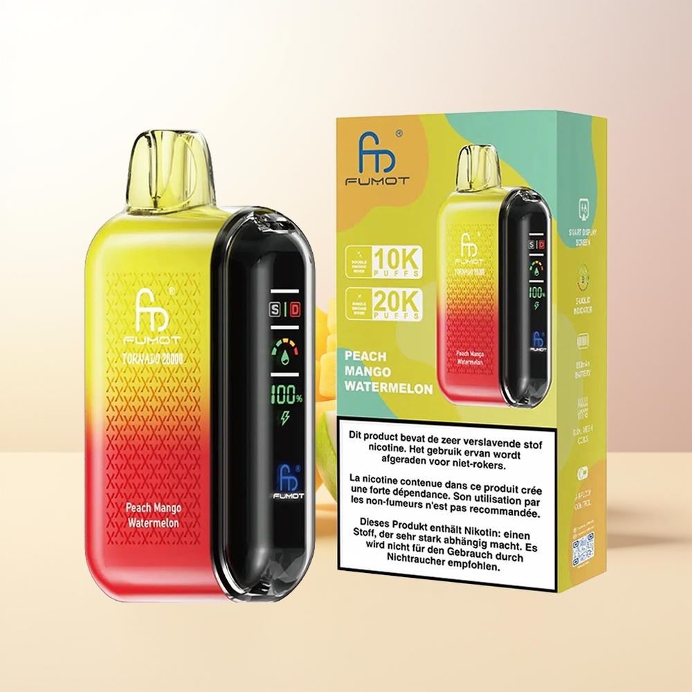 Fumot Tornado 20000 Puffs Peach Mango Vattenmelon Dual Mesh Coil Smart Display Airflow Control