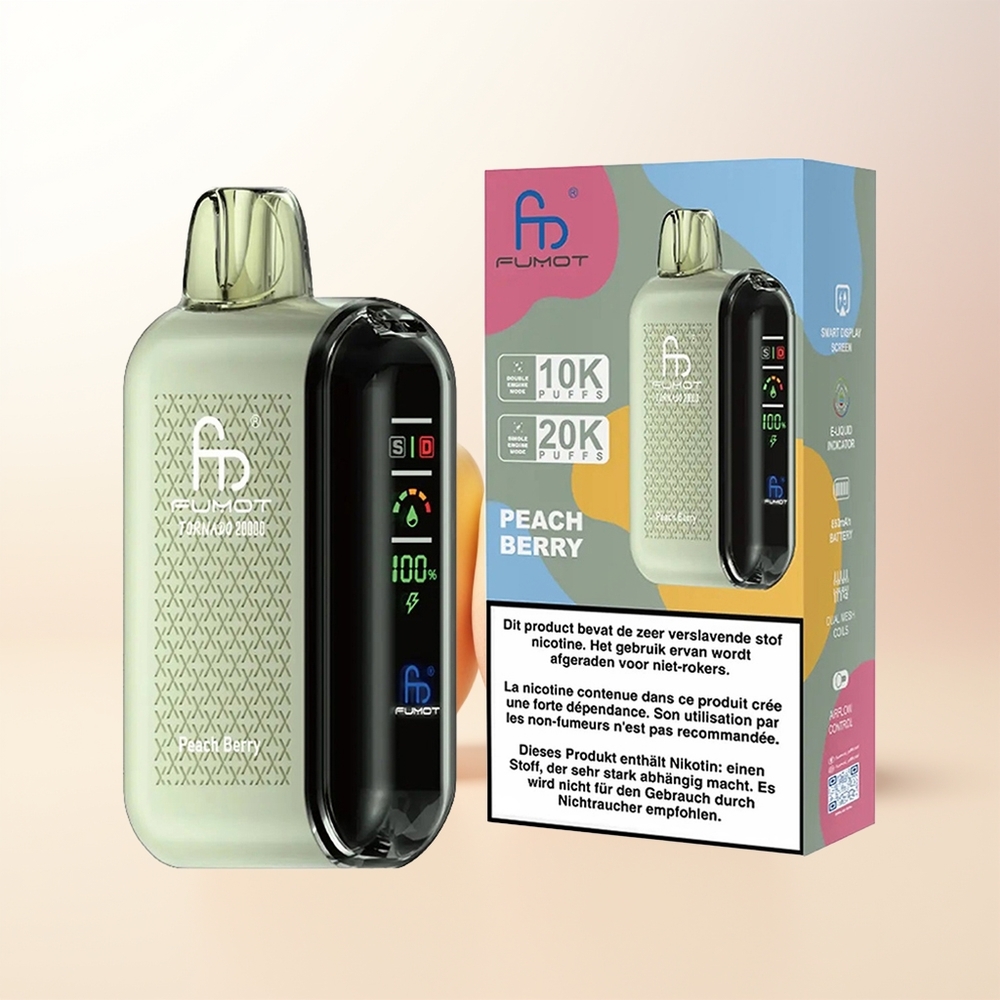 Fumot Tornado 20000 Puffs Persika Bär Dual Mesh Coil Smart Display