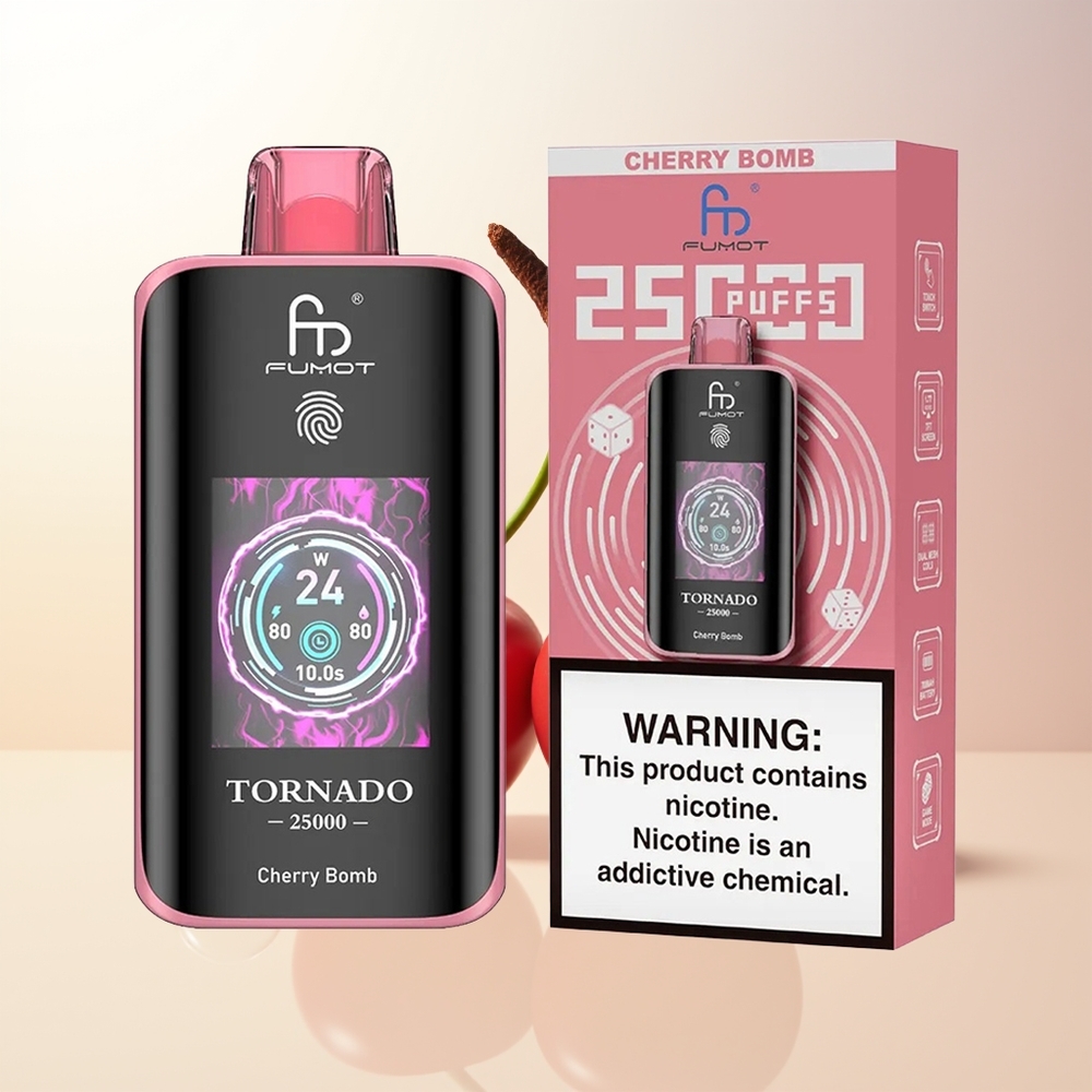 Fumot Tornado 25000 Puffar HD Skärm 700mAh Laddningsbart Batteri 20ml Förfylld Vätska Körsbärsbomb