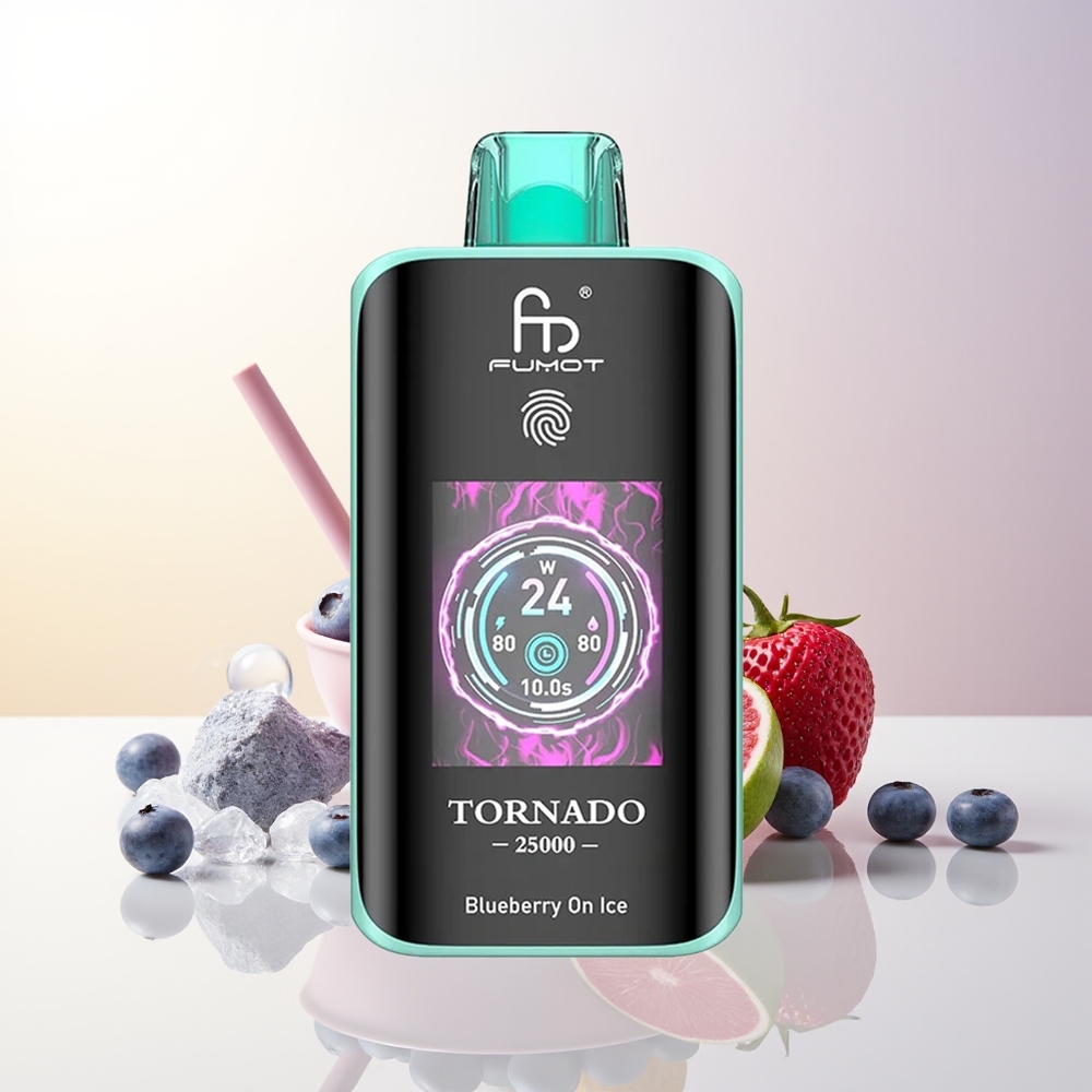 Fumot Tornado 25000 Puffs Blåbär På Is HD Skärm 700mAh Uppladdningsbart Batteri 20ml Förfylld E-vätska Typ-C Laddningsport