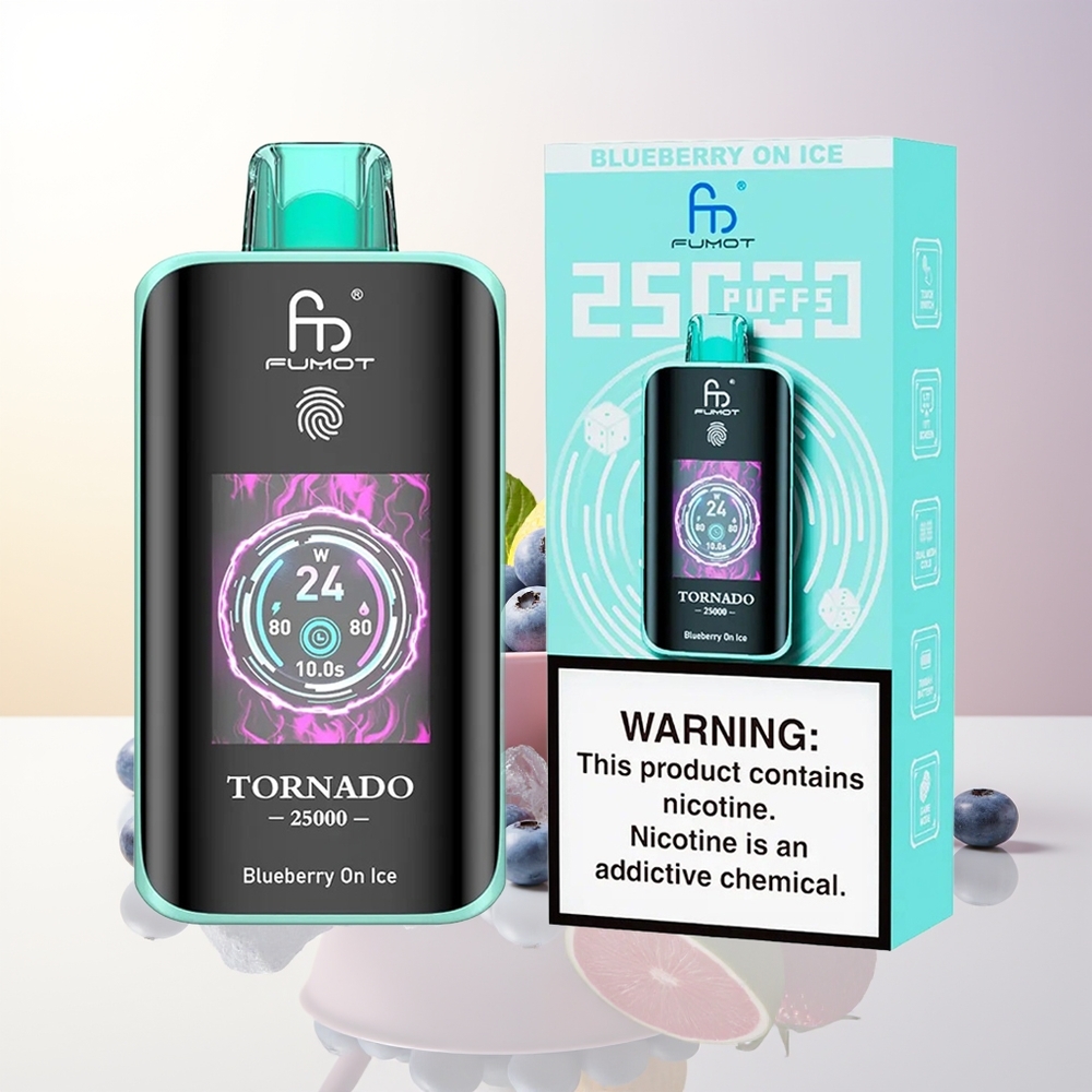 Fumot Tornado 25000 Puffs Blåbär På Is HD Skärm 700mAh Uppladdningsbart Batteri 20ml Förfylld E-vätska Typ-C Laddningsport