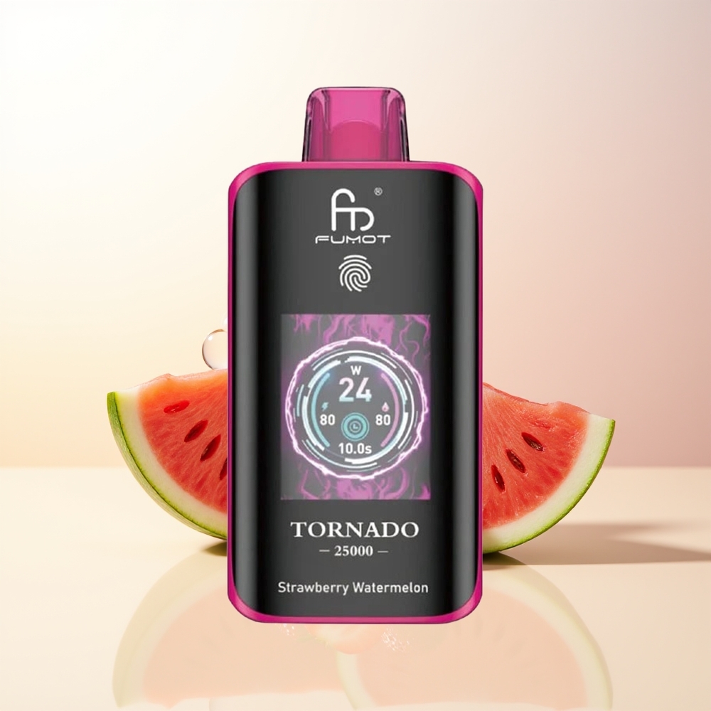 Fumot Tornado 25000 Puffs Jordgubb Vattenmelon HD Skärm 700mAh Uppladdningsbart Batteri 20ml Förfylld E-vätska Typ-C Laddningsport