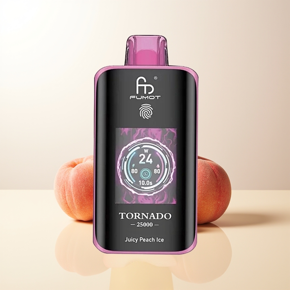 Fumot Tornado 25000 Puffs Juicer Persika Is HD Skärm 700mAh Uppladdningsbart Batteri 20ml Förfylld E-vätska Typ-C Laddningsport