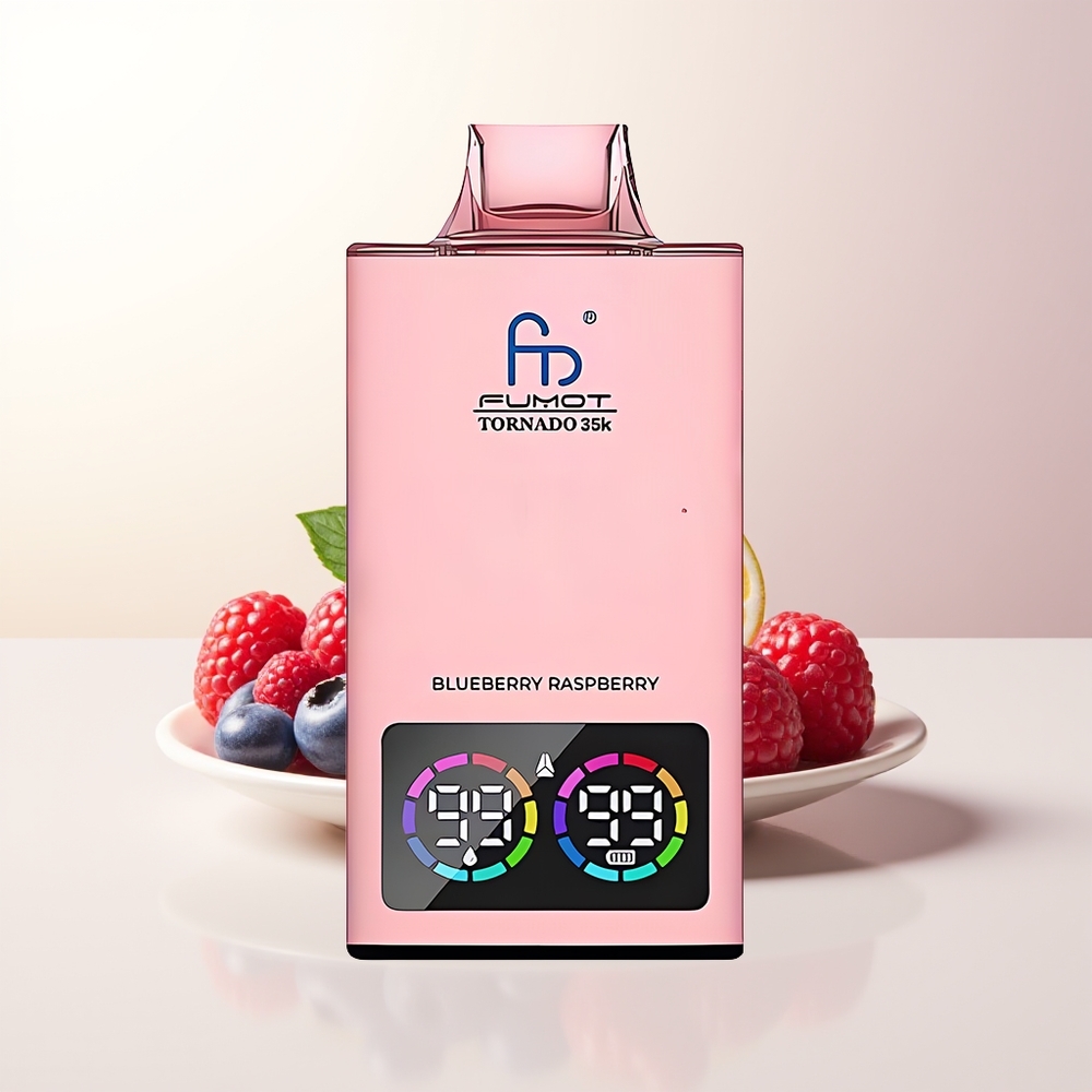 Fumot Tornado 35000 Blåbär Hallon Dual Mesh Coil Variabel RGB Ljus 15ml E-juice 700 MAH Batteri Snabbuppladdning USB-C