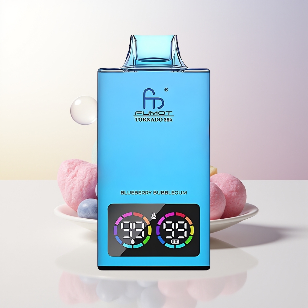 Fumot Tornado 35000 Puffar Blåbärs Tuggummi Dual Mesh Coil E-vätskeindikator Variabel RGB-belysning 15ml E-juice 700 MAH Batteri Snabbladdning USB-C