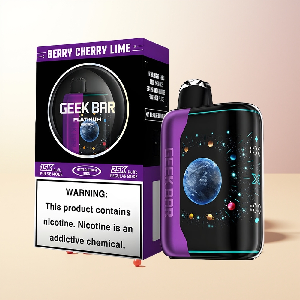 GEEK BAR Platinum Edition 25000 Puffs Bär Körsbär Lime Matte Platinum Stål Finish Dynamisk 3D Skärm Snabbuppladdning USB-Type C Dual Mesh Coil