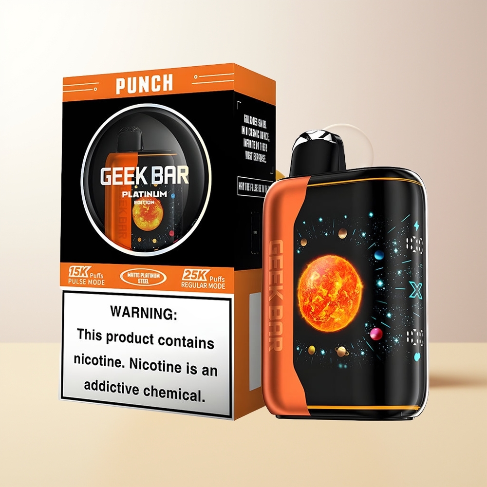 GEEK BAR Platinum Edition 25000 Punch Matte Platina Stål Finish Dynamisk 3D Böjd Skärm Snabb Laddning USB-Type C Dual Mesh Coil