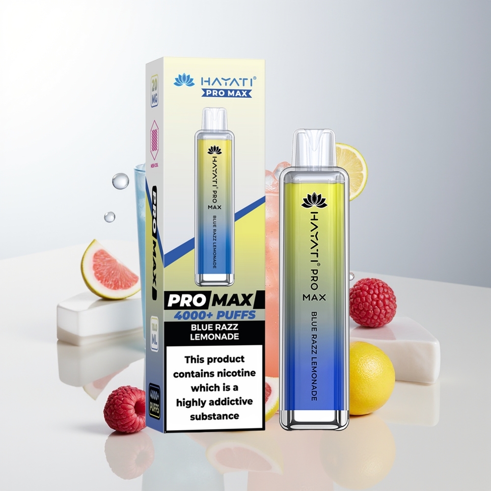 Hayati Pro Max 4000 Puffs Engångs Vape Blå Hallon Citronad 1400mAh 2ml Tank Dual 11 Ohm Mesh Coil