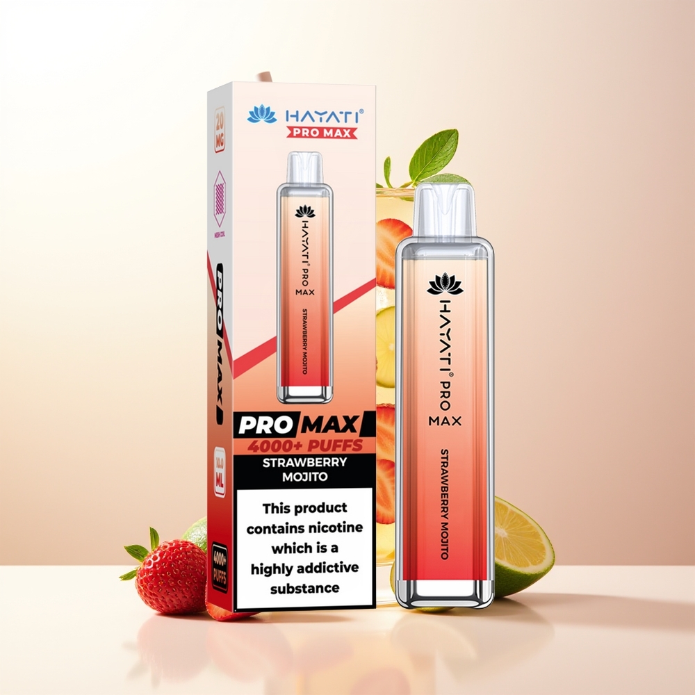 Hayati Pro Max 4000 Puffs Engångs Vape Jordgubb Mojito 2ml Tank 10ml Auto Påfyllning 1400mAh Batteri LED Ljus Kristall Utseende