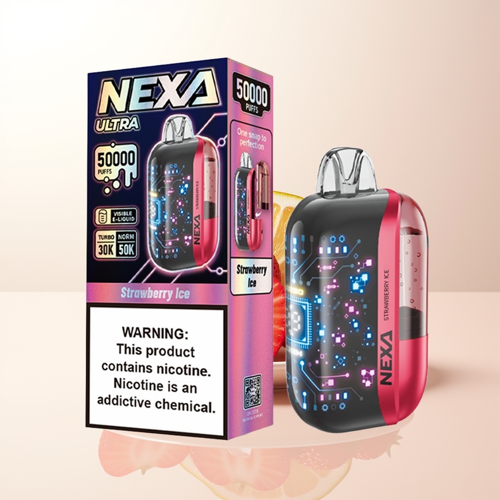 NEXA Ultra 50000 Puffs Jordgubb Is 20ml 800mah 5 Nicotin 09ohm Dual Mesh 3D Curved Skärm Typ-C Laddning