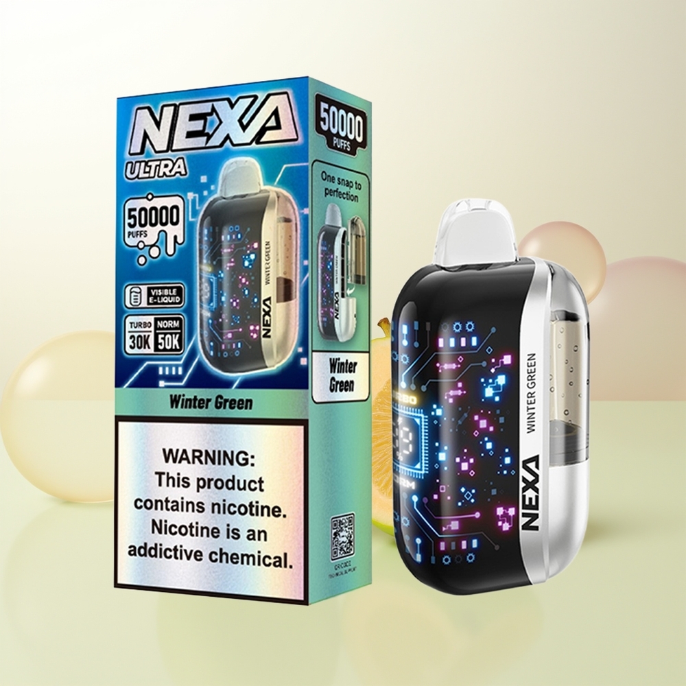 NEXA Ultra 50000 Puffs Vintergrönt 20ml 800mAh 5 Nikotin 09ohm Dual Mesh Coils Typ-C-laddning 3D-böjd skärm