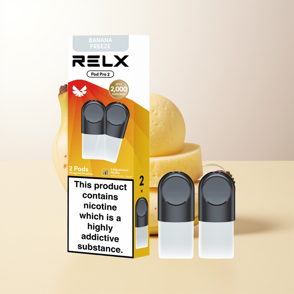 RELX Pod Pro 2 600 puffar 19ml Efterrätt-Banan Frysmode 3 spänningsinställningar 2/3 förpackningsalternativ