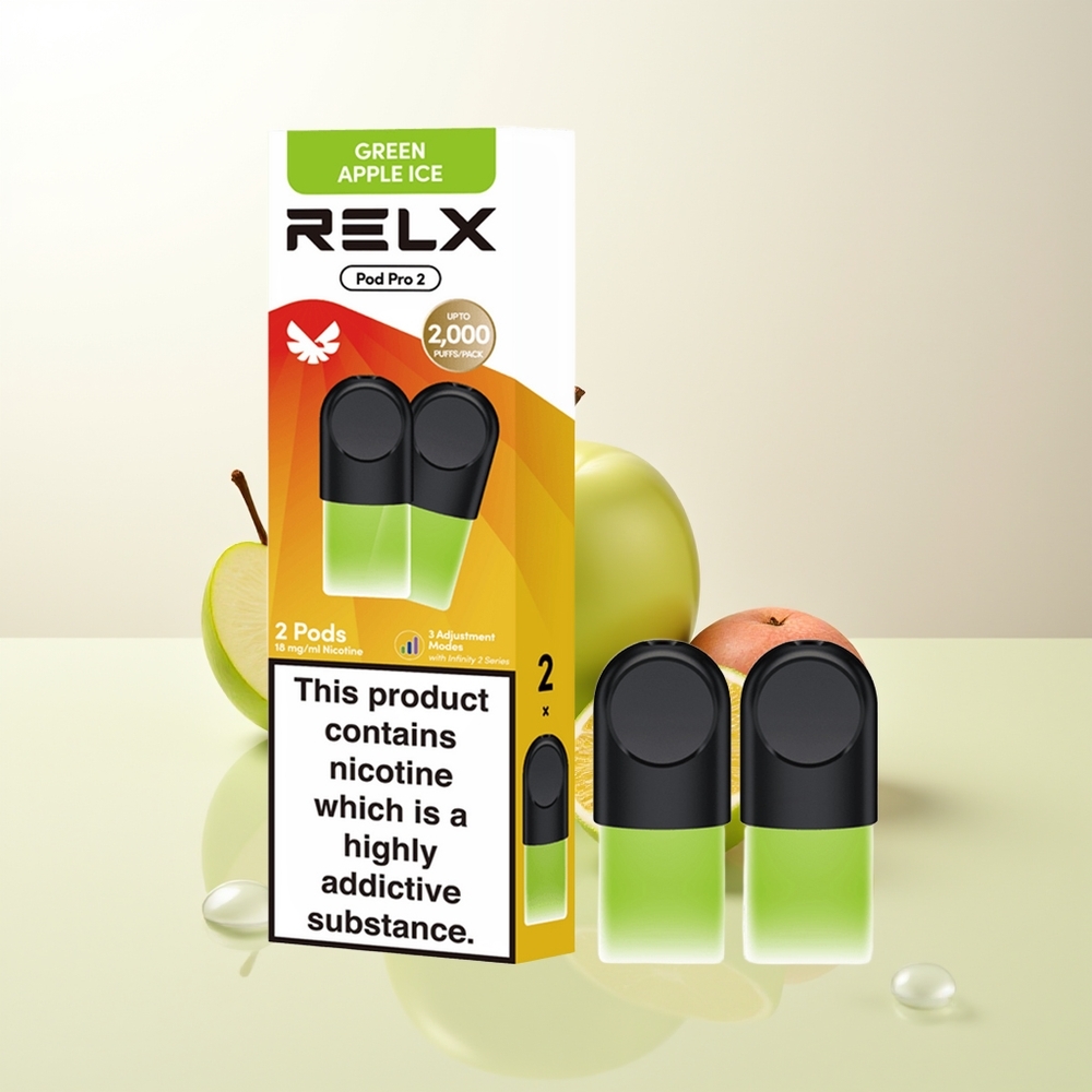 RELX Pod Pro 2 600 puffar 19ml Gröna Äpplen Is 3 Spänningsinställningar 2/3 förpackningar
