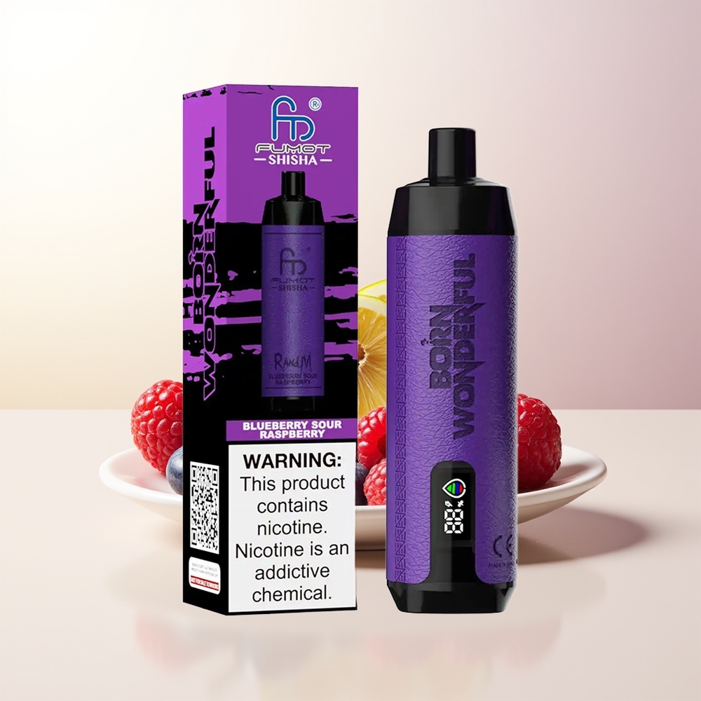 RandM Fumot Shisha 10000 Puffs Blåbär Sur Hallon LED Indicator 18ml Prefilled e-liquid 850 mAh Battery 06ohm Mesh Coil Type-C Port