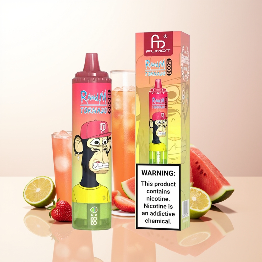 RandM Fumot Tornado 15000 Puffs Jordgubb Vattenmelon Lemonade 25ml 850mAh Mesh Coil LCD Type-C