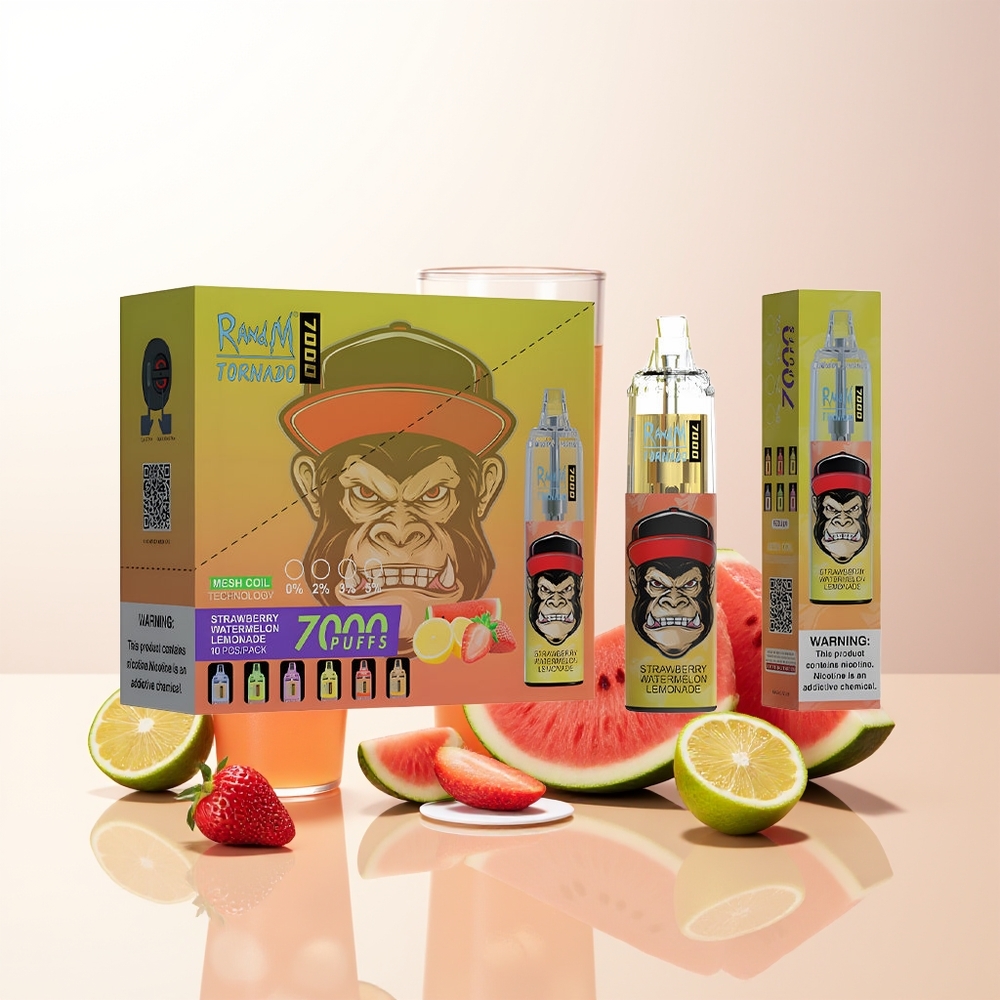 RandM Fumot Tornado 7000 Jordgubb Vattenmelon Lemonade 14ML Mesh Coil 850MAH Type-C RGB Luftreglerbar