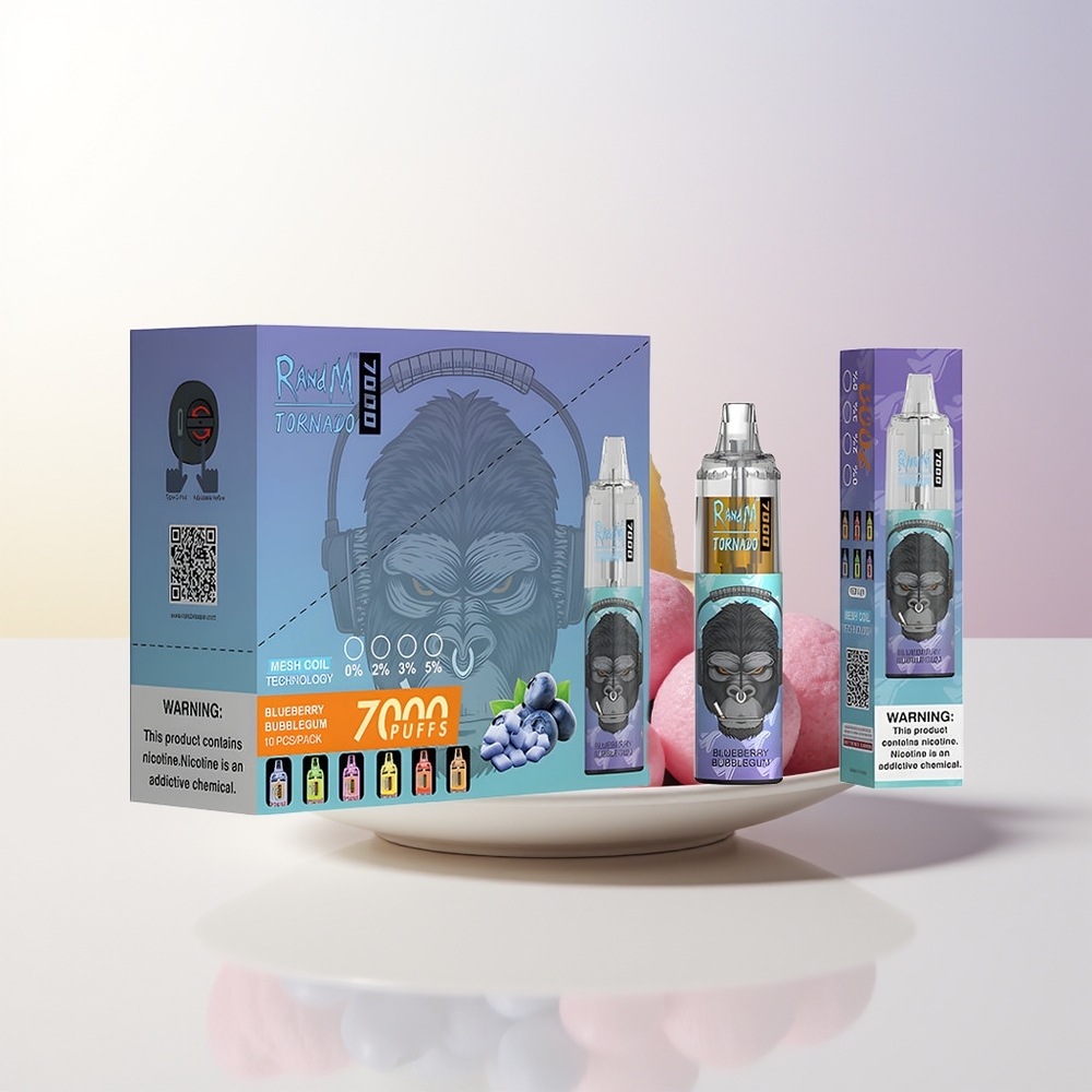RandM Fumot Tornado 7000 Puffs Blåbär Tuggummi 14ML 850MAH Mesh Coil Type-C RGB Luftjusterbar