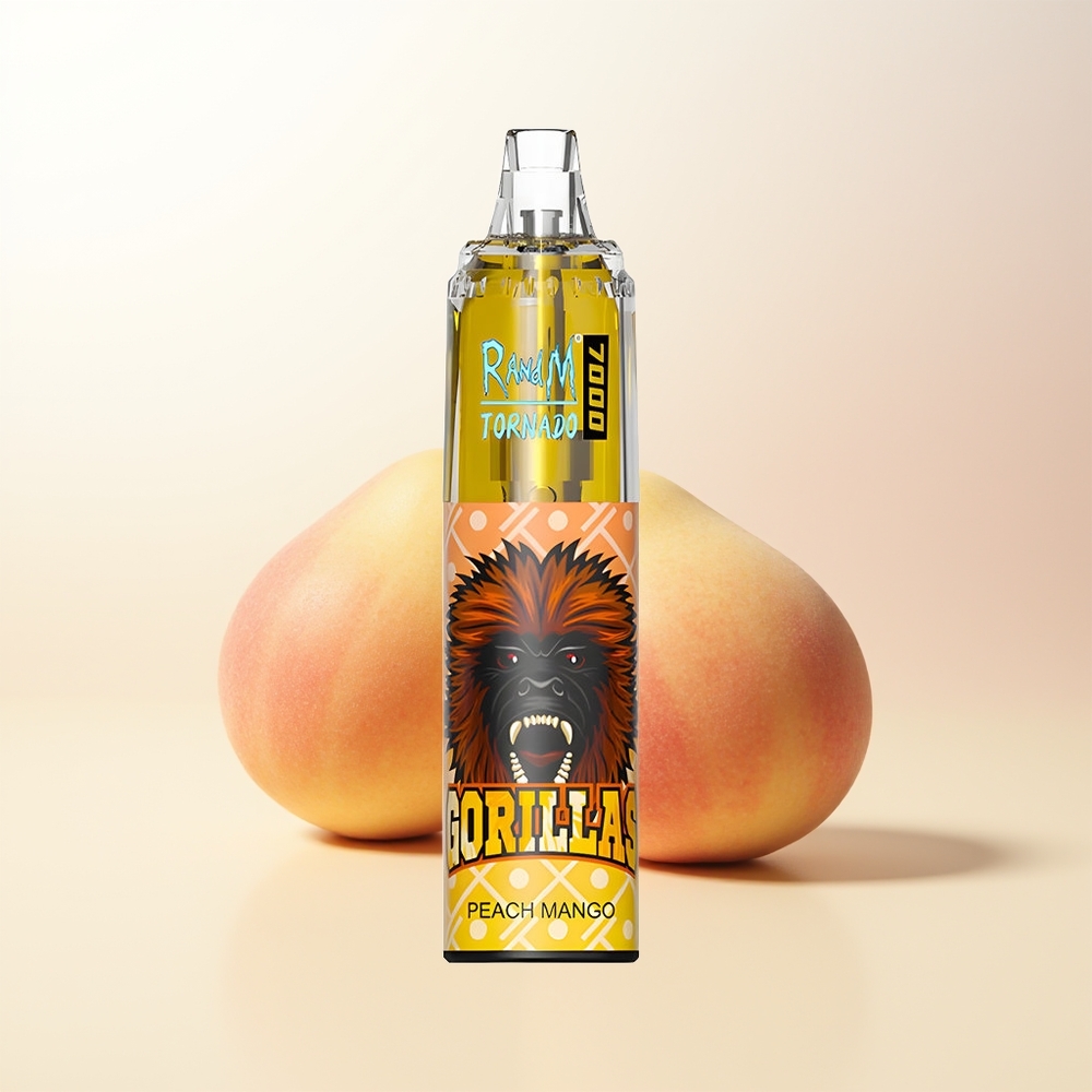 RandM Fumot Tornado 7000 Puffs Persika Mango 14ML Mesh Coil 850MAH Type-C RGB Luftjusterbar