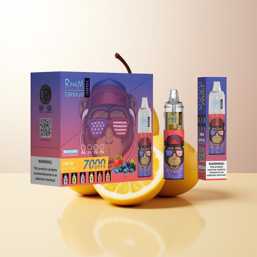 RandM Fumot Tornado 7000 Puffs Vimto 14ML E-liquid 850MAH Battery Mesh Coil Type-C Port RGB Ljus Luftjusterbar