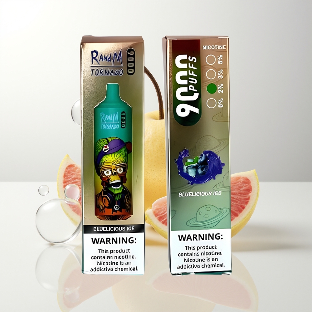 RandM Fumot Tornado 9000 Puffs Blåisande Is Med 850 mAh Uppladdningsbart Batteri 18 mL E-vätska Mesh Coil Sleek RGB Display 54 Smaker