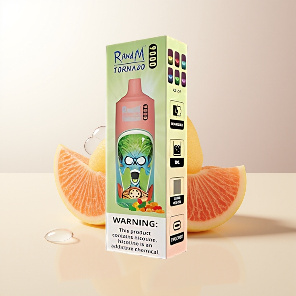 RandM Fumot Tornado 9000 Puffs Gummibjörn 850 mAh Omladdningsbar 18 mL Mesh Coil RGB Display 54 Smaker