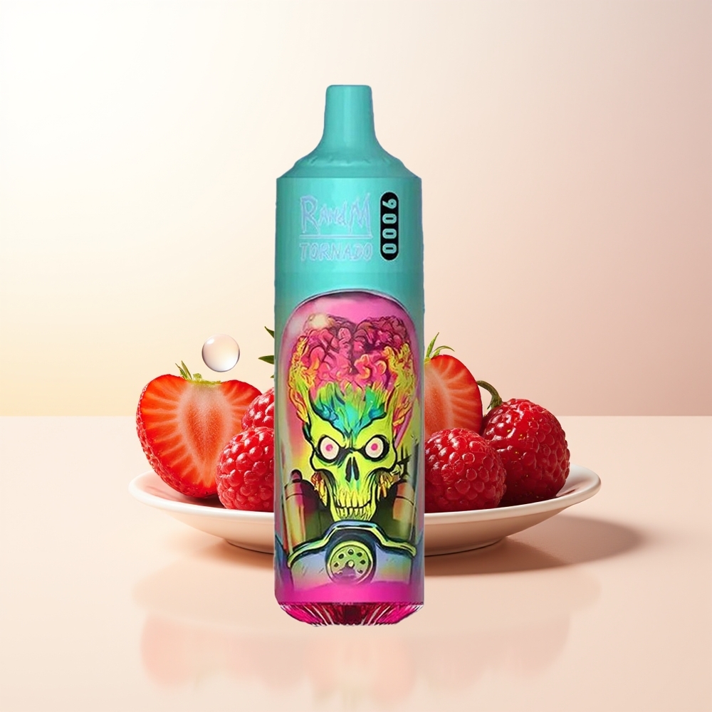 RandM Fumot Tornado 9000 Puffs Jordgubb Hallon 850 mAh Omladdningsbar 18 mL Mesh Coil Sleek RGB Display
