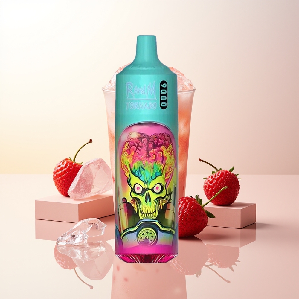 RandM Fumot Tornado 9000 Puffs Jordgubb Hallon Körsbär Is 850 mAh Omladdningsbar 18 mL Mesh Coil Sleek RGB Display