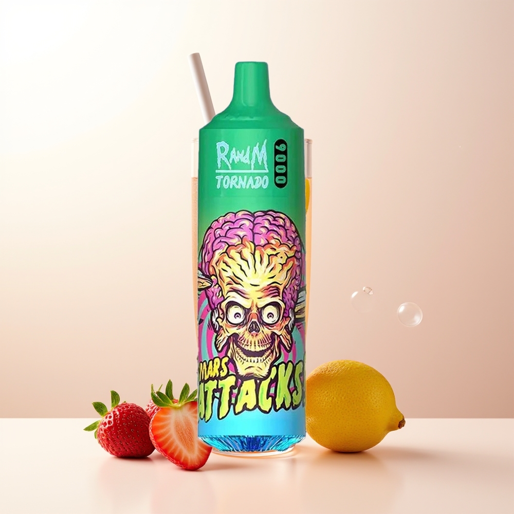 RandM Fumot Tornado 9000 Puffs Jordgubb Lemonad 850 mAh Laddningsbar 18 mL Mesh Coil Sleek RGB Display 54 Smaker