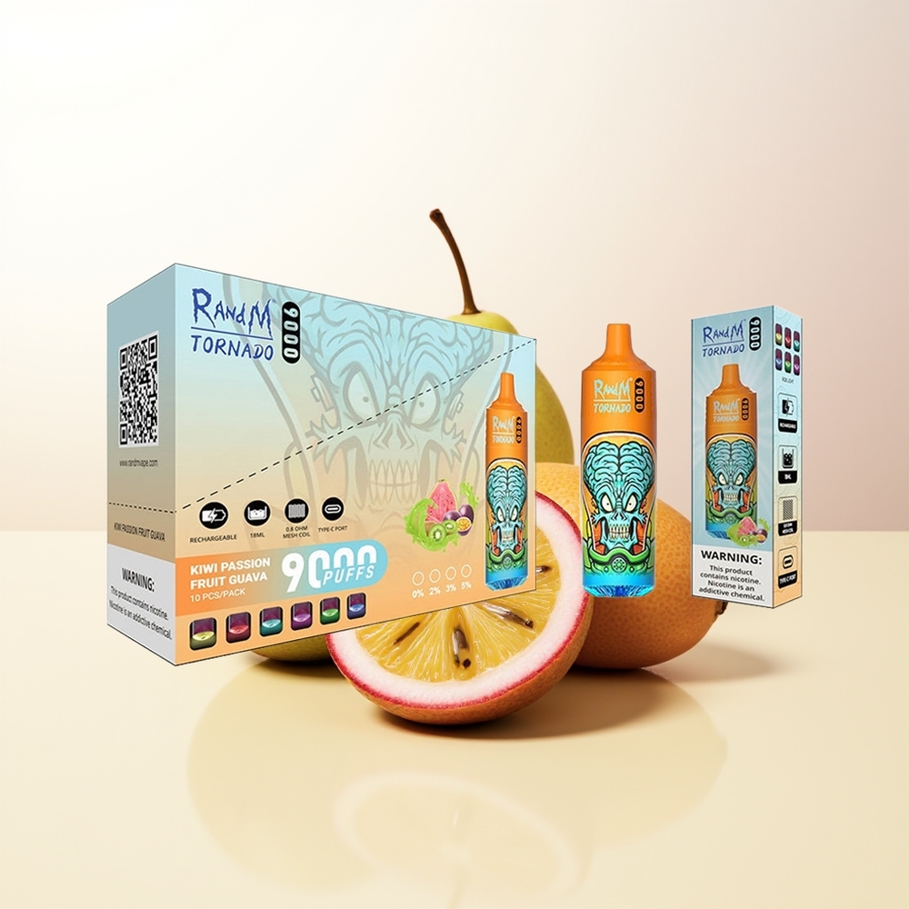 RandM Fumot Tornado 9000 Puffs Kiwi Passionfrukt Guava 850 mAh 18 mL Mesh Coil RGB Display