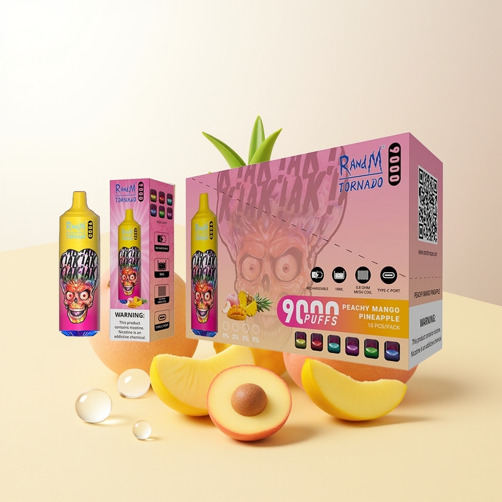 RandM Fumot Tornado 9000 Puffs Persika Mango Ananas 850 mAh 18 mL Mesh Coil RGB Display