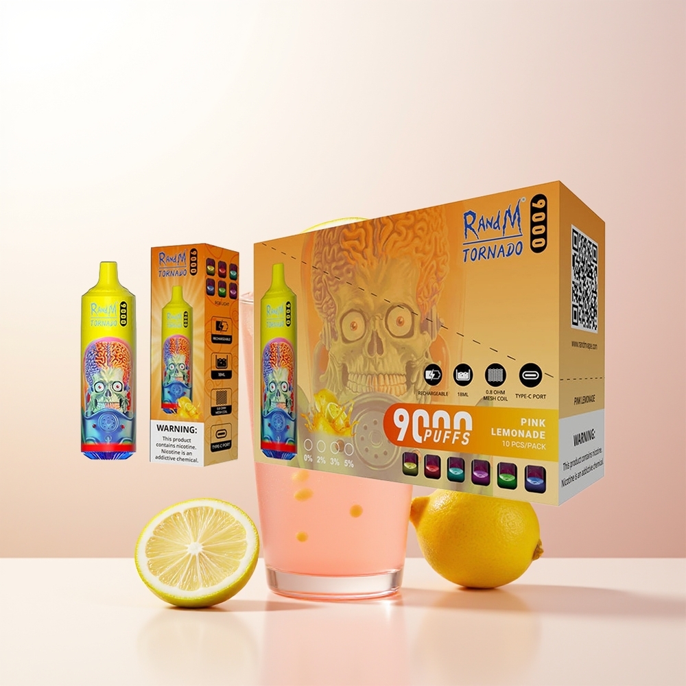 RandM Fumot Tornado 9000 Puffs Rosa Citronadsmak 850 mAh Återuppladdningsbar 18 mL Mesh Coil Sleek RGB Display 54 Smaker