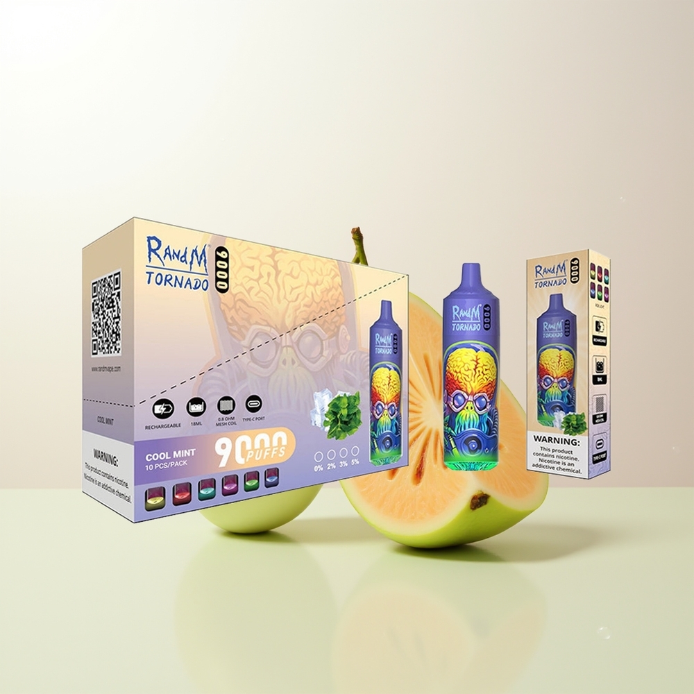 RandM Fumot Tornado 9000 Puffs Sval Pepparmynta 850 mAh 18 mL Mesh Coil RGB Display