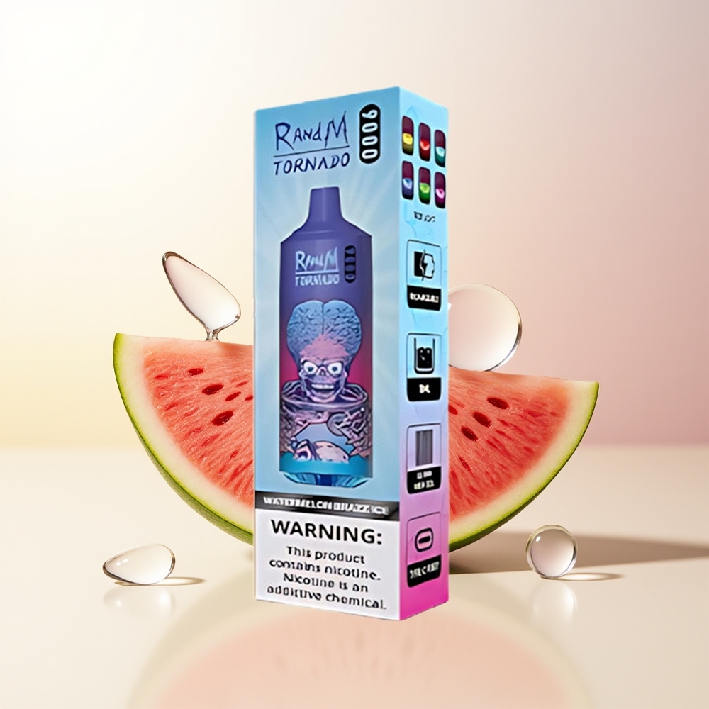 RandM Fumot Tornado 9000 Puffs Vattenmelon Brazz Is 850 mAh Omladdningsbar 18 mL Mesh Coil Sleek RGB Display 54 Smaker