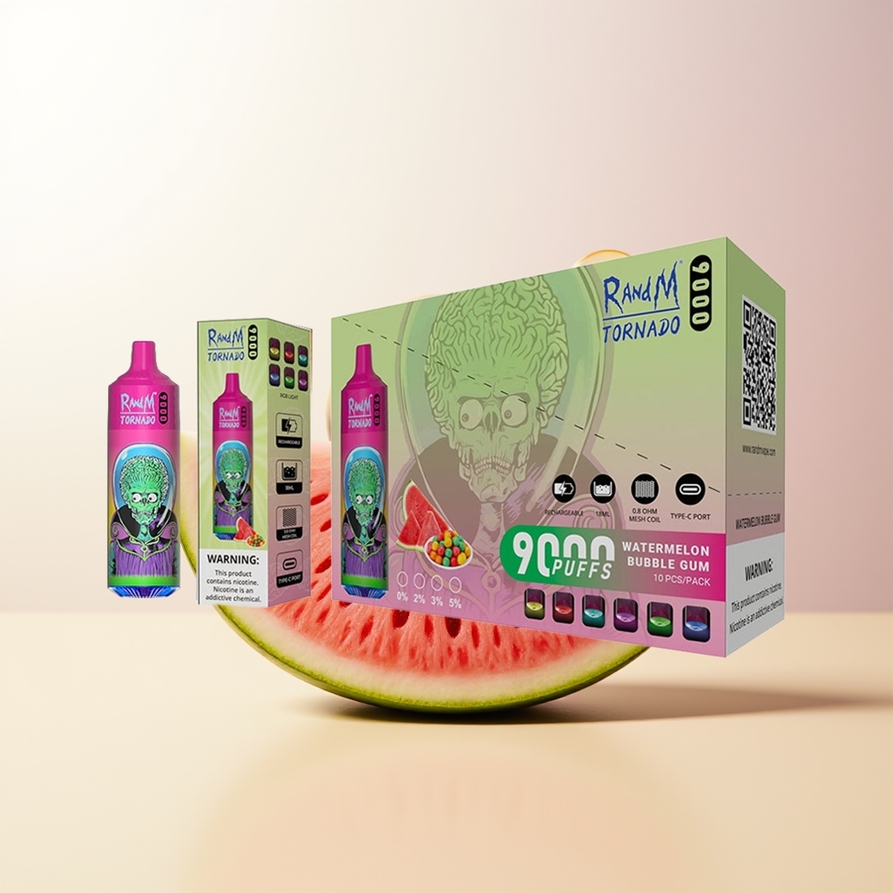 RandM Fumot Tornado 9000 Puffs Vattenmelon Tuggummi 850 mAh 18 mL Mesh Coil RGB Display