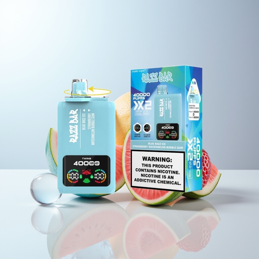 Razz Bar 40000 Puffs Blå Hallon Is-Jordgubb Vattenmelon Tuggummi 2 5 Nikotin 650mAh Typ-C Skärmdisplay 10Ohm 2 Mesh Coil