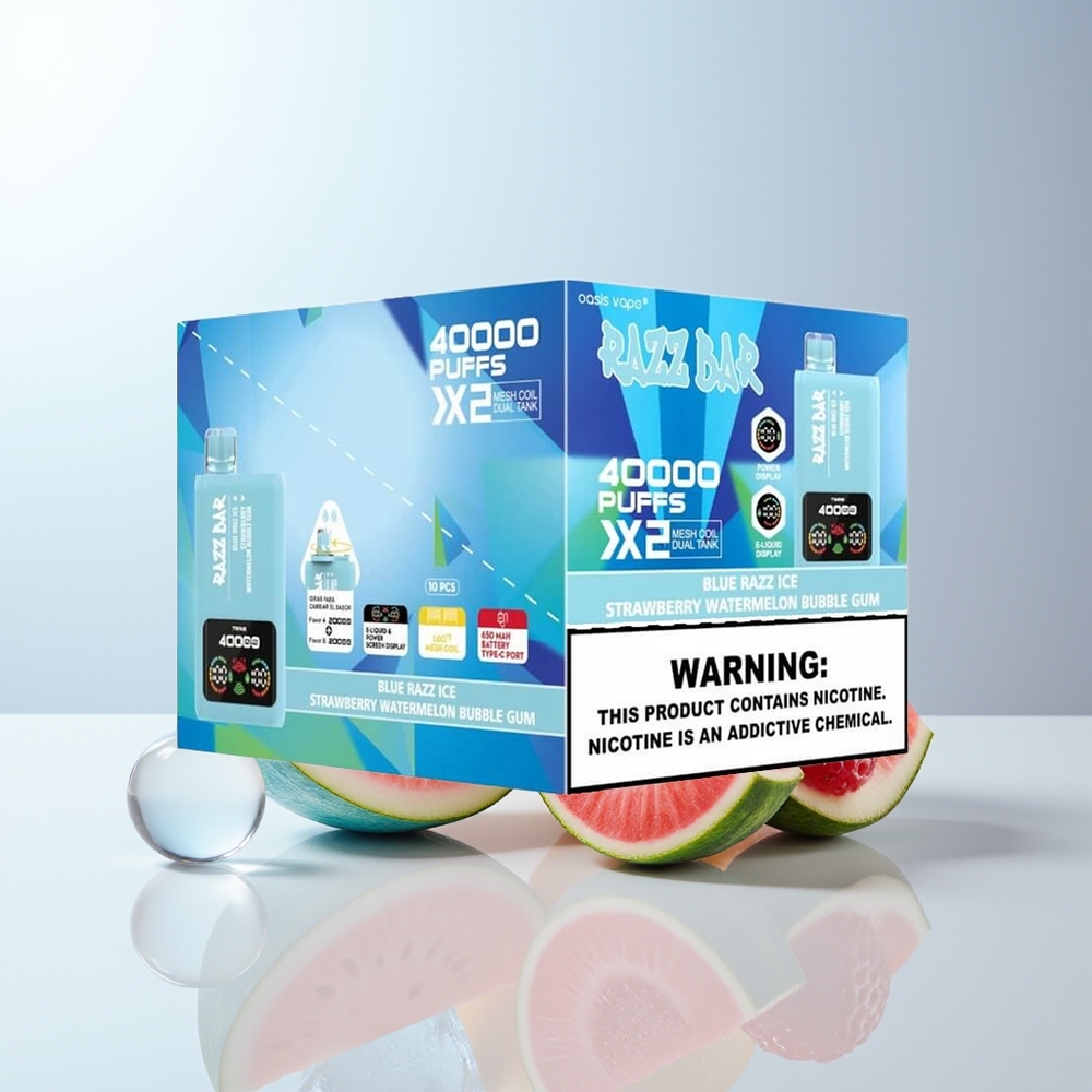 Razz Bar 40000 Puffs Blå Hallon Is-Jordgubb Vattenmelon Tuggummi 2 5 Nikotin 650mAh Typ-C Skärmdisplay 10Ohm 2 Mesh Coil