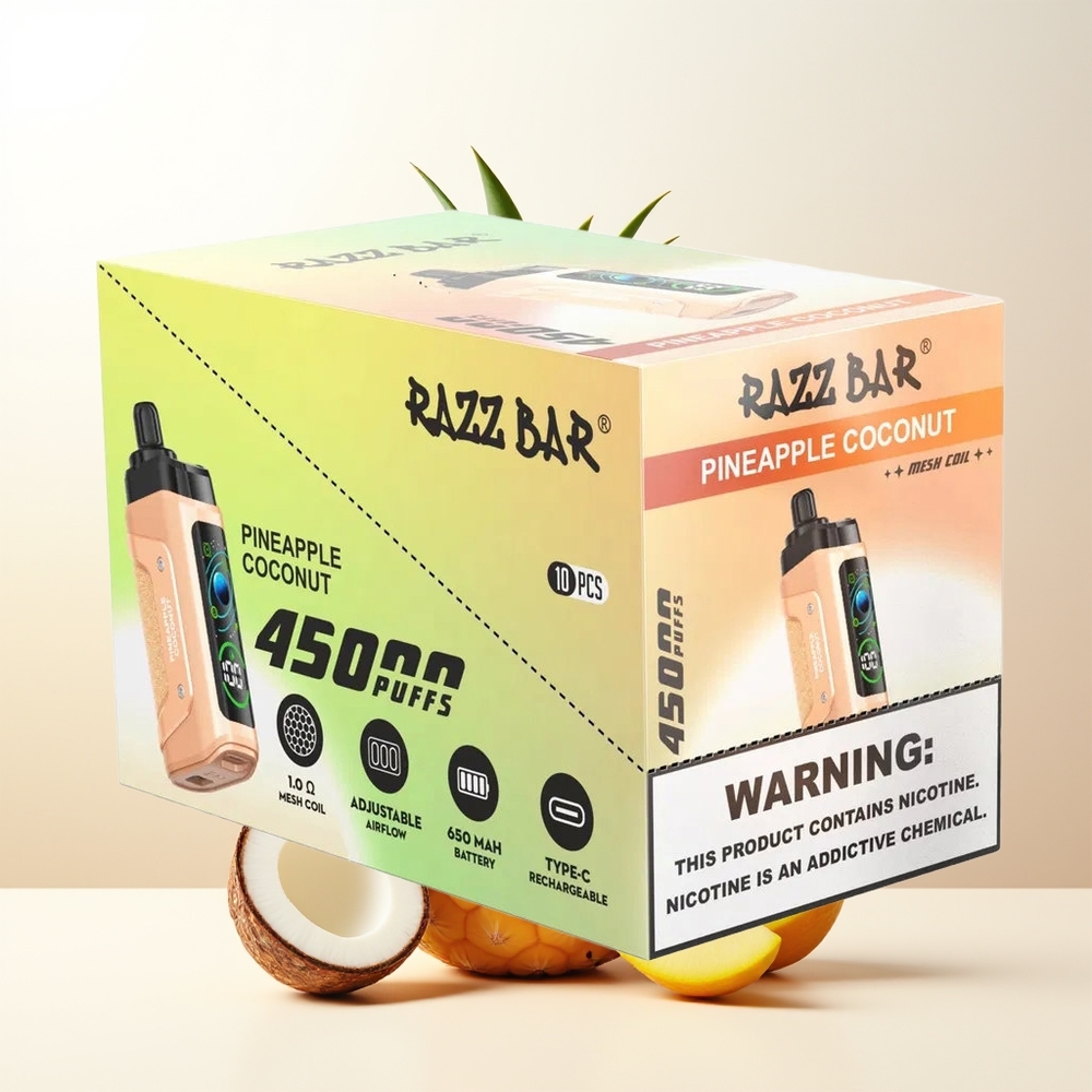 Razz Bar 45000 Puffs Engångs Vape Ananas Kokosnöt 10 Ohm Mesh Coil Justerbar Luftflöde Typ-C Laddningsbar